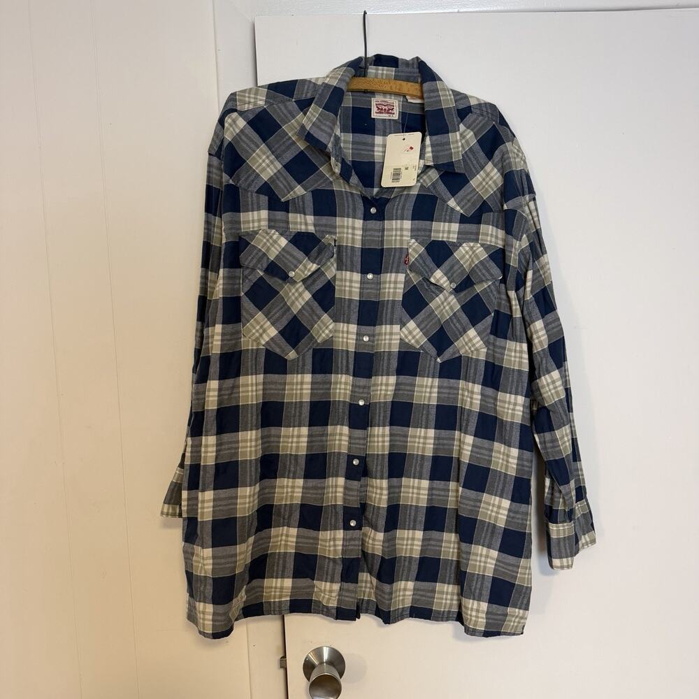 Levi’s Dylan Western Shirt Womens XL Blue Plaid Flannel Snap NWT A3373-0005